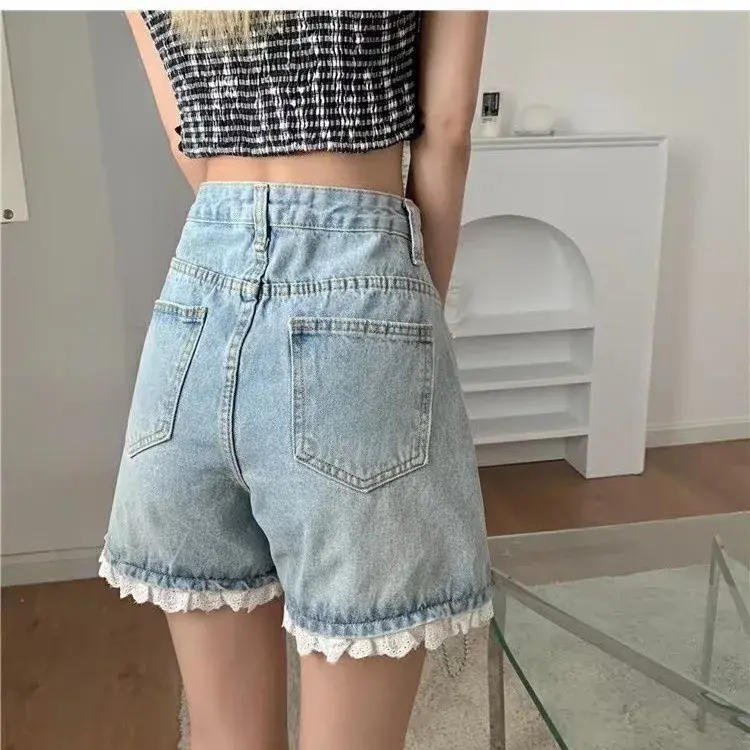 High Waist Lace Trimmed Denim Shorts Women Summer Thin Style Loose Wide Leg Pants Hot Pants Korean Style Cotton Shorts