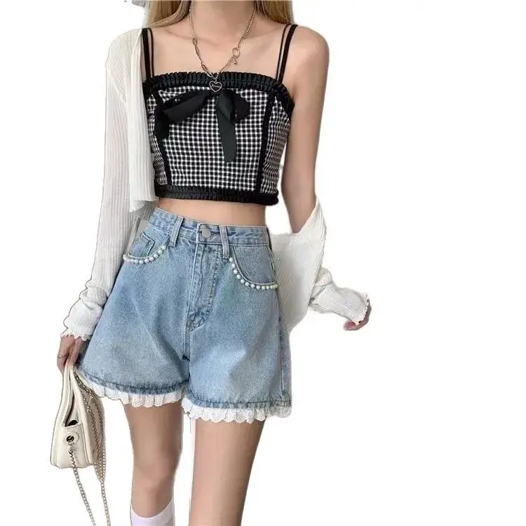 High Waist Lace Trimmed Denim Shorts Women Summer Thin Style Loose Wide Leg Pants Hot Pants Korean Style Cotton Shorts