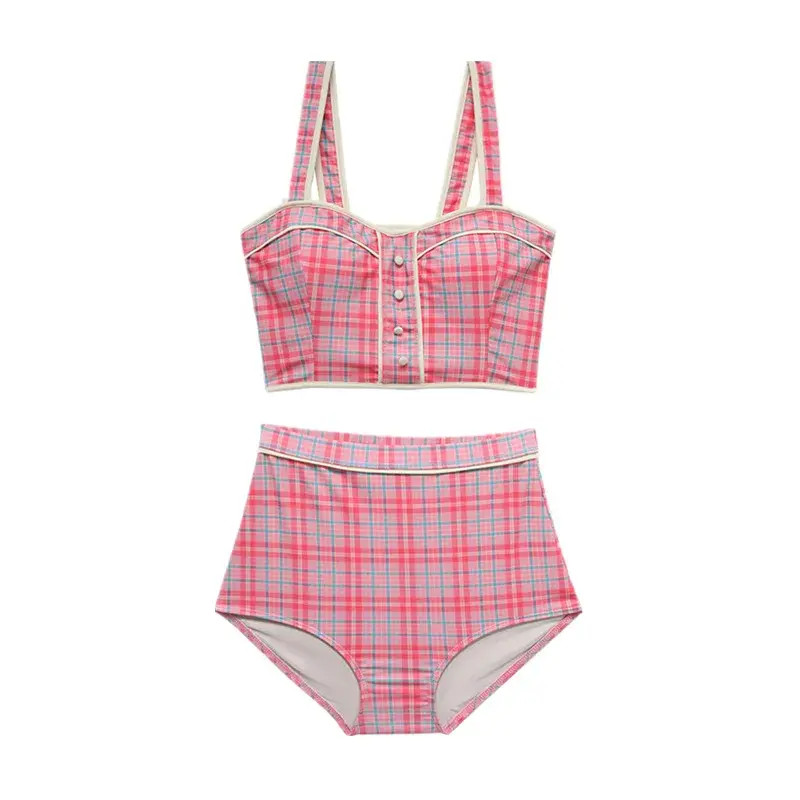Hot Sale Of The Season New Korean Style Bikini Set High Waist Thermal Spring Vacation Checkered Slimming Separate Swimwear for Y