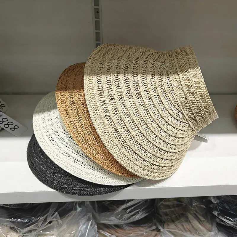 Rice Straw Woven Sun Hat Breathable Sunshade Cap Large Brim No Top Beach Outing Hollow Outdoor Travel Sun Hat Mesh Cap