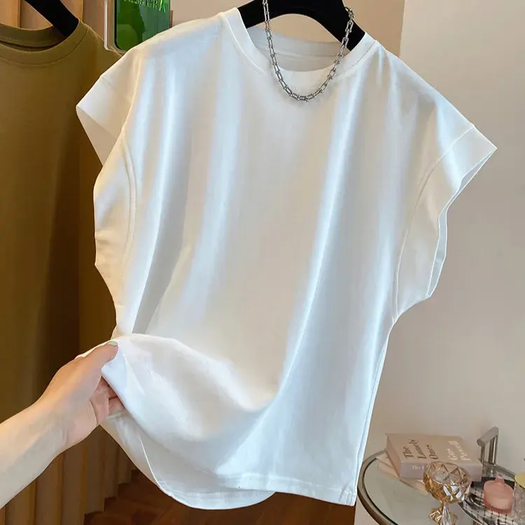 Loose Women's T-shirt Crew Neck Short Sleeve Floral Edge Simple Pure Color Summer New Style Fashionable Wide Top Shirt