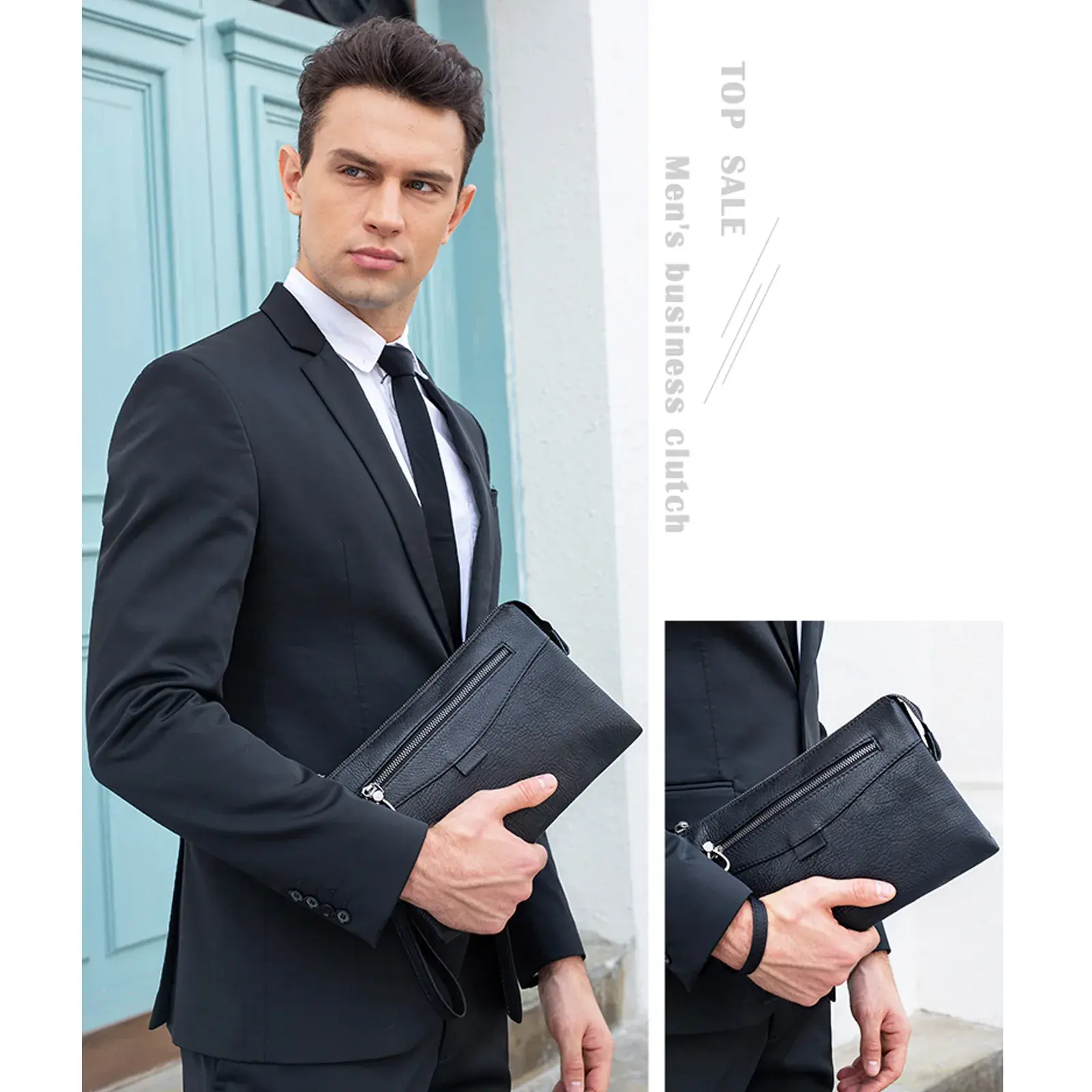 Casual Men's Leather Wallet Trendy Hand Grab Bag Soft Top Layer Cow Hide Large Capacity Wrist Strap Crossbody Bag