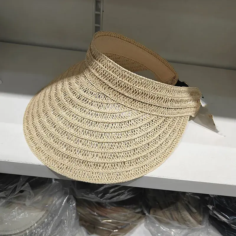 Rice Straw Woven Sun Hat Breathable Sunshade Cap Large Brim No Top Beach Outing Hollow Outdoor Travel Sun Hat Mesh Cap