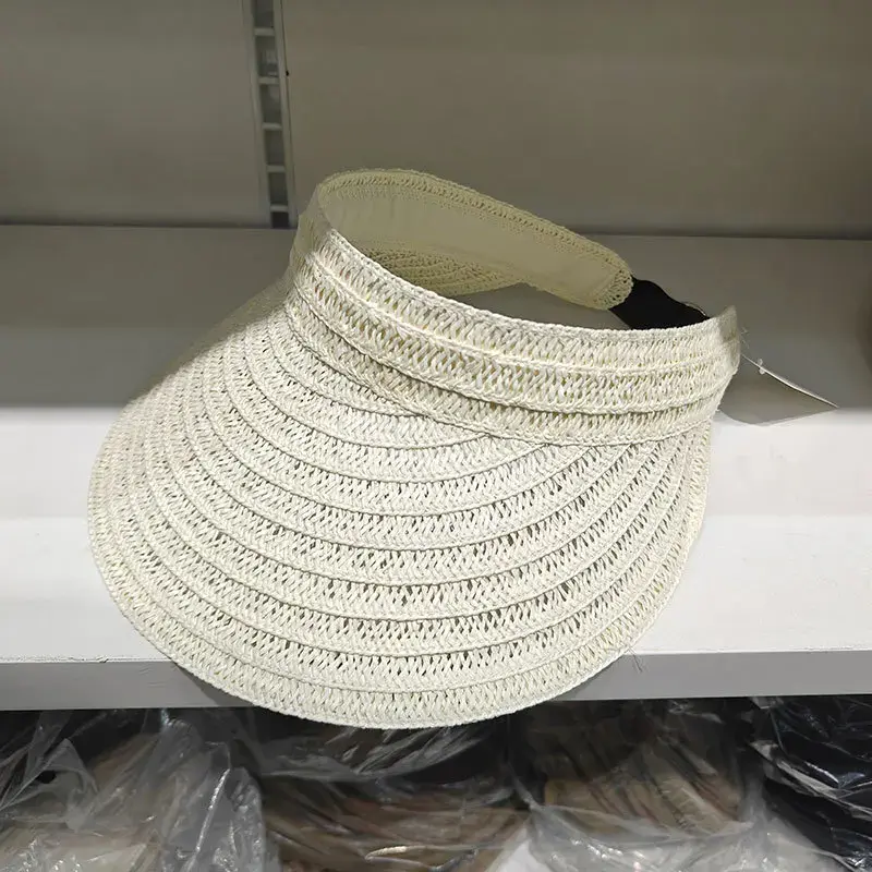 Rice Straw Woven Sun Hat Breathable Sunshade Cap Large Brim No Top Beach Outing Hollow Outdoor Travel Sun Hat Mesh Cap