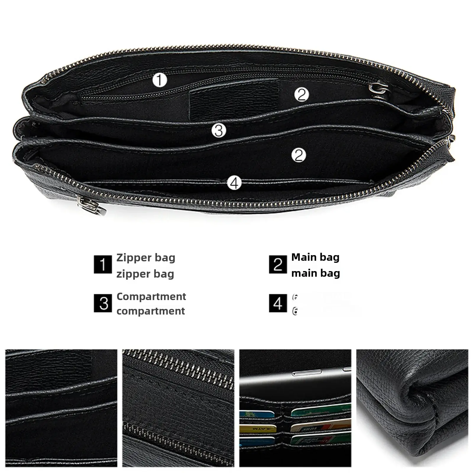 Casual Men's Leather Wallet Trendy Hand Grab Bag Soft Top Layer Cow Hide Large Capacity Wrist Strap Crossbody Bag