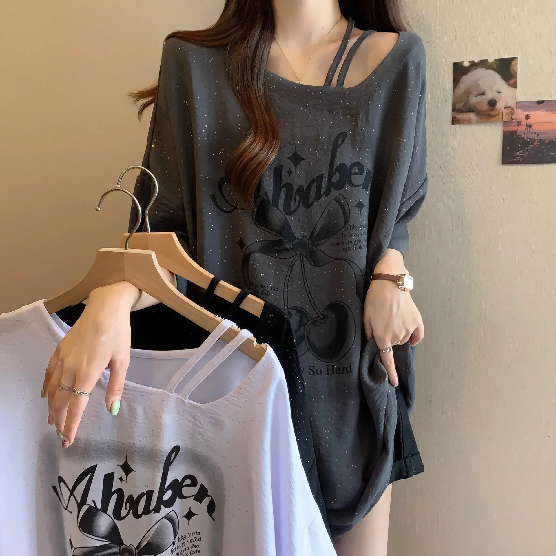 Plus Size French Sequin Short Sleeve T-Shirt Loose Fit Summer Slimming Mid-Length Cover-Up Top for Women over 300 Pounds