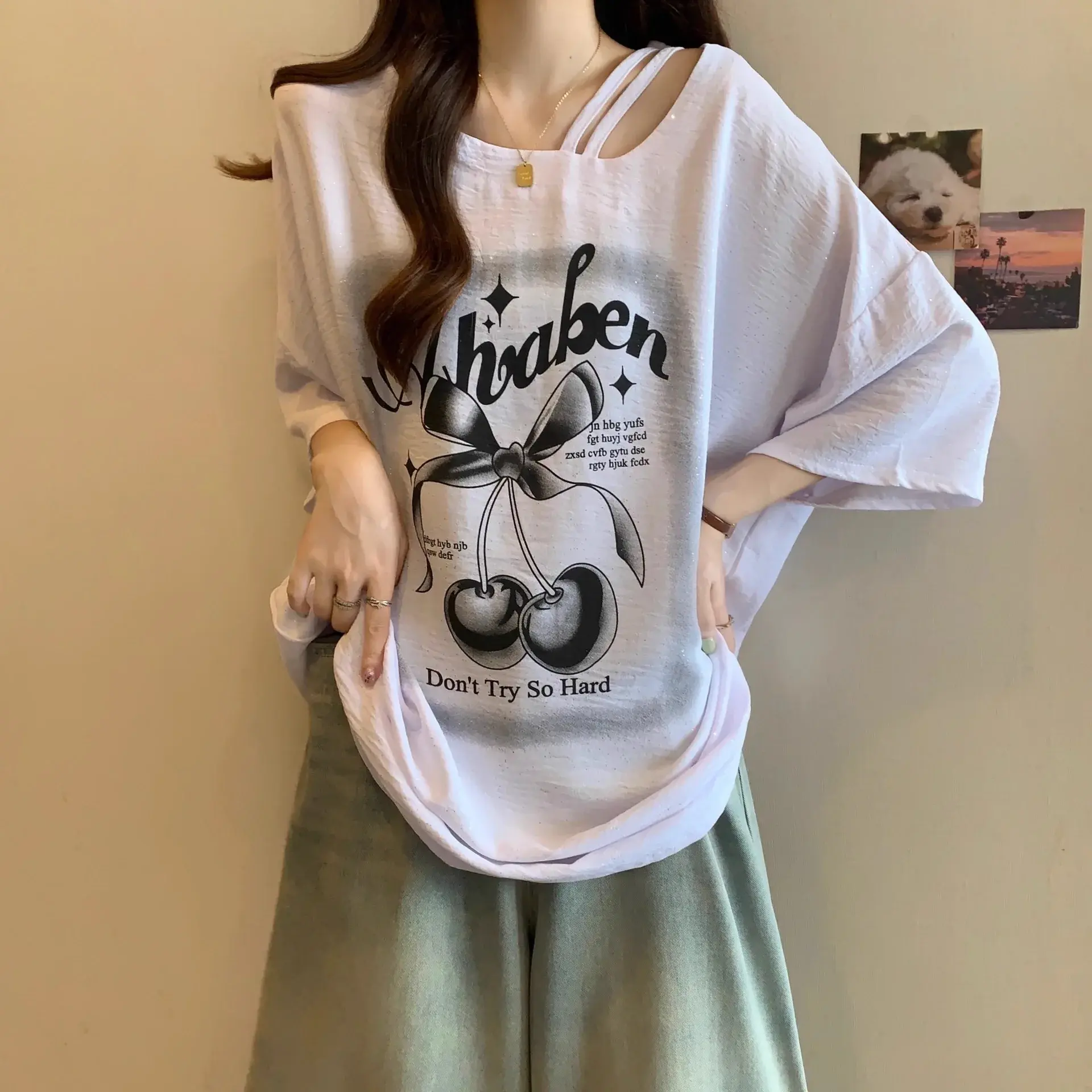 Plus Size French Sequin Short Sleeve T-Shirt Loose Fit Summer Slimming Mid-Length Cover-Up Top for Women over 300 Pounds