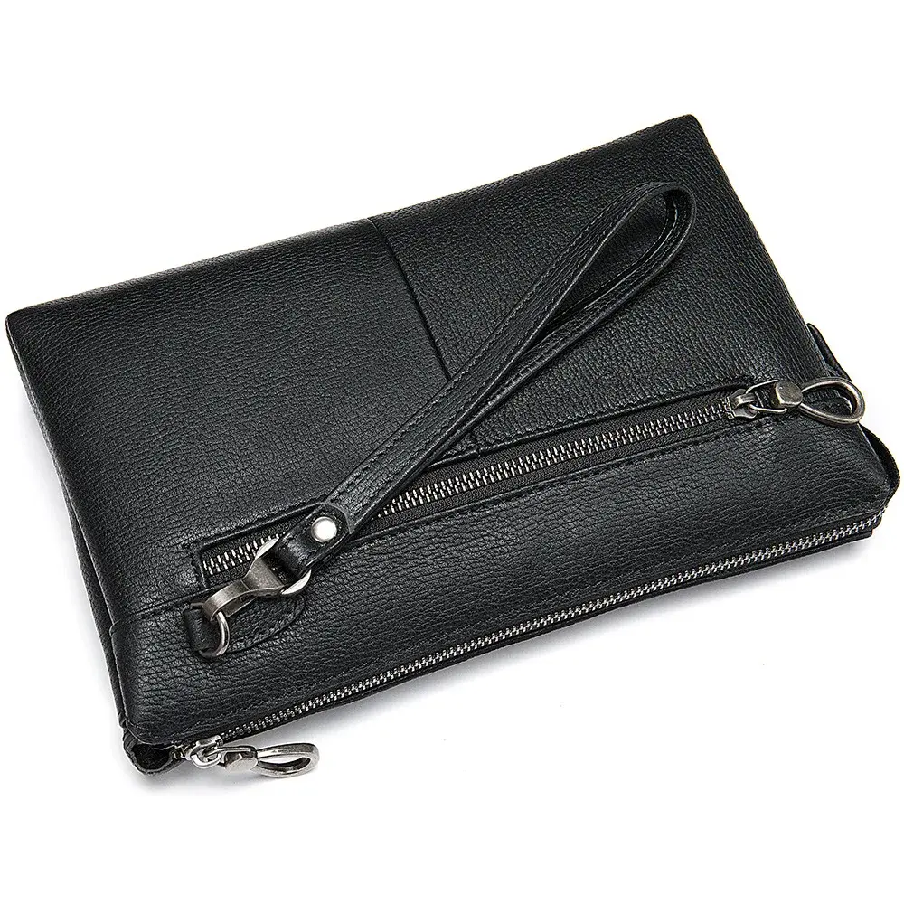 Casual Men's Leather Wallet Trendy Hand Grab Bag Soft Top Layer Cow Hide Large Capacity Wrist Strap Crossbody Bag