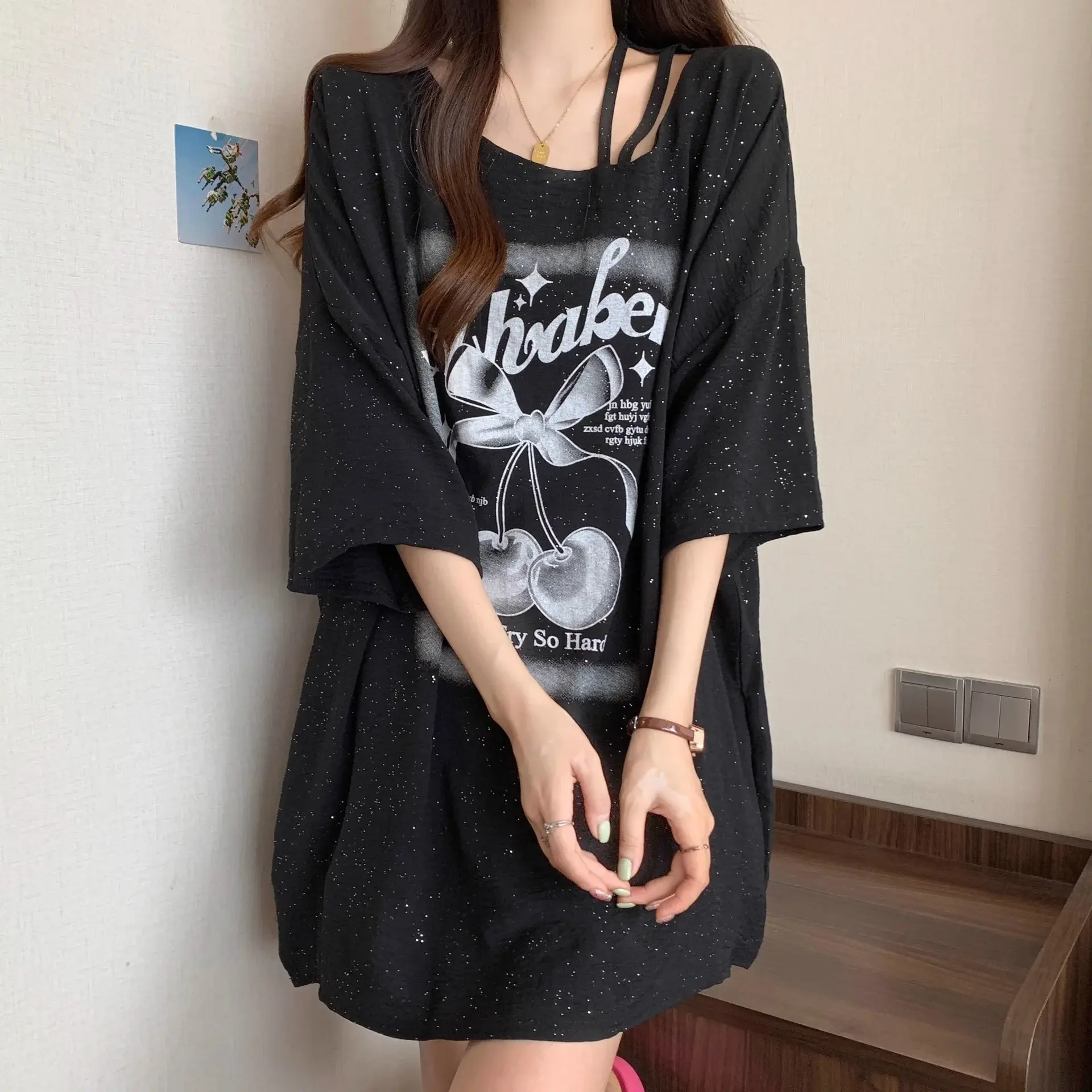 Plus Size French Sequin Short Sleeve T-Shirt Loose Fit Summer Slimming Mid-Length Cover-Up Top for Women over 300 Pounds