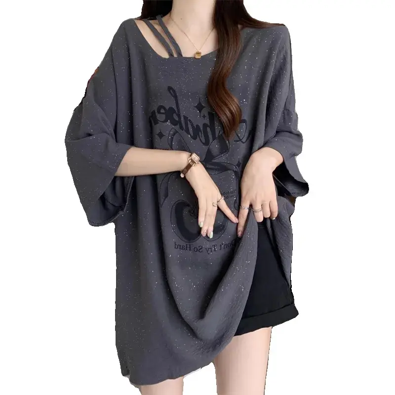Plus Size French Sequin Short Sleeve T-Shirt Loose Fit Summer Slimming Mid-Length Cover-Up Top for Women over 300 Pounds