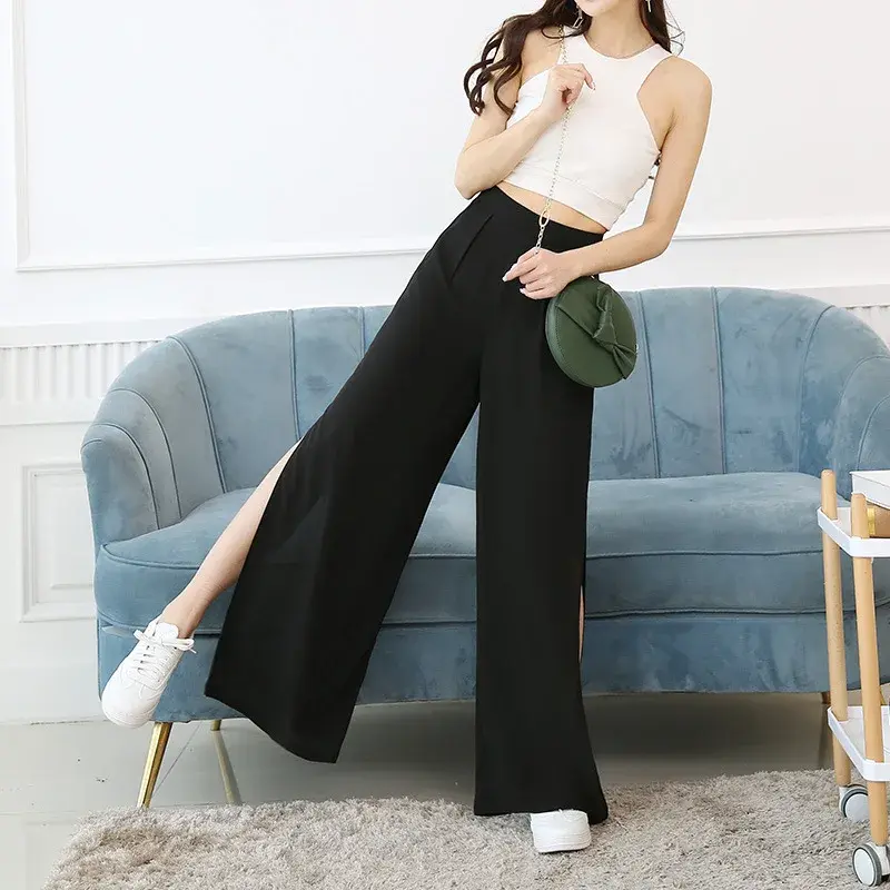 High Waist Side Slit Wide Leg Pants Summer New Style Chiffon Casual Thin Loose Long Skirt Pants Women Swing Pants