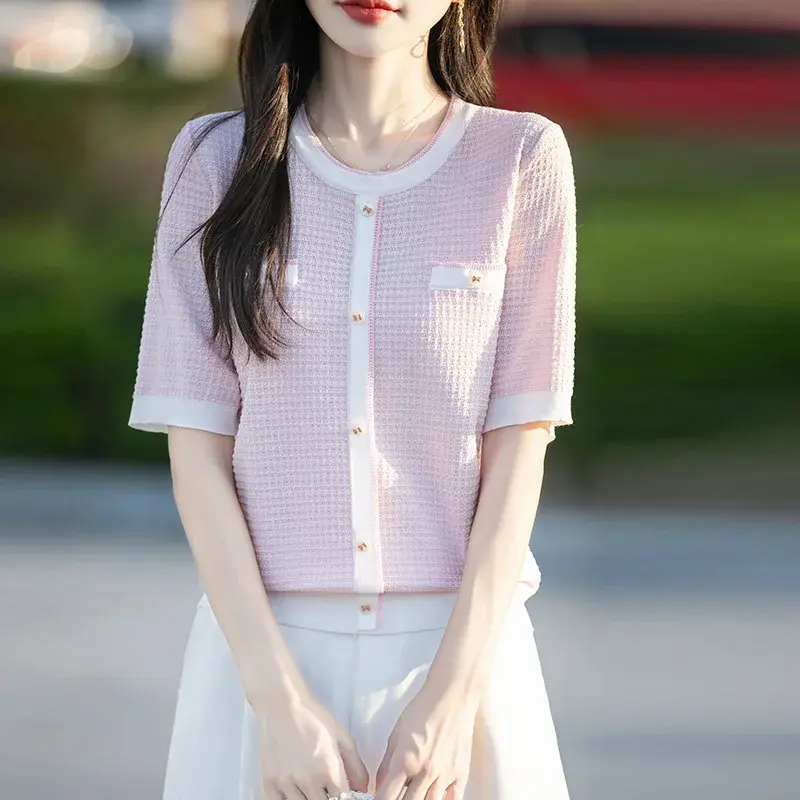 Slimming Effect Loose Knitted Short Sleeve Base Shirt Small Fragrance Style Summer New Korean Version Regular Shoulder T-shirt