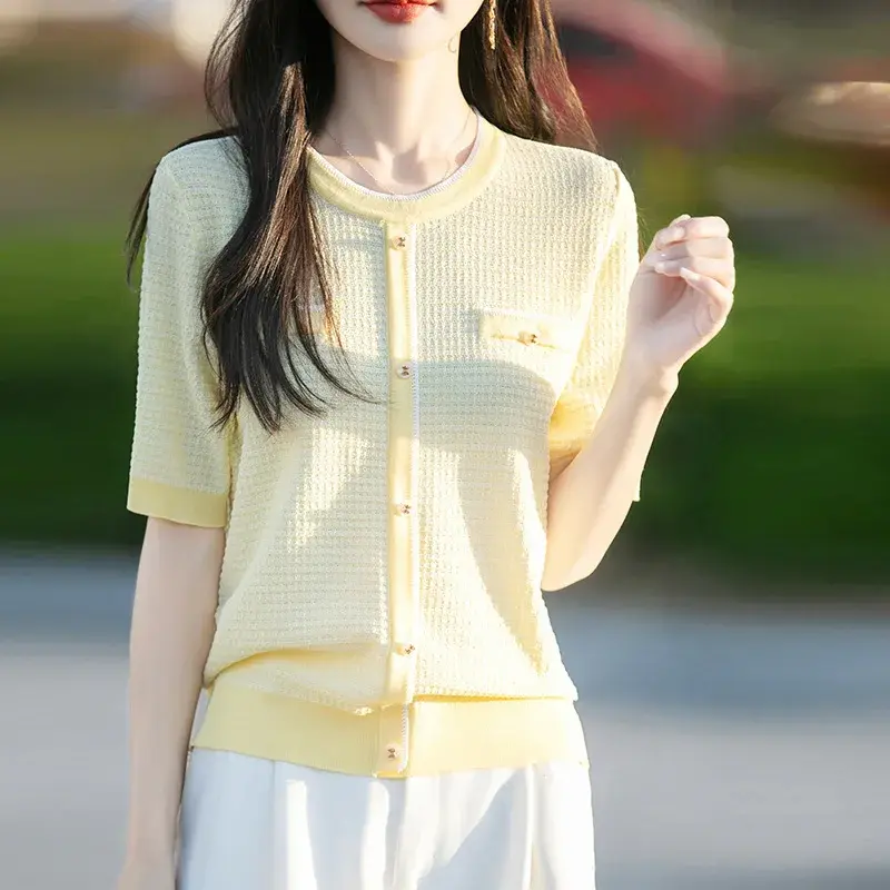 Slimming Effect Loose Knitted Short Sleeve Base Shirt Small Fragrance Style Summer New Korean Version Regular Shoulder T-shirt