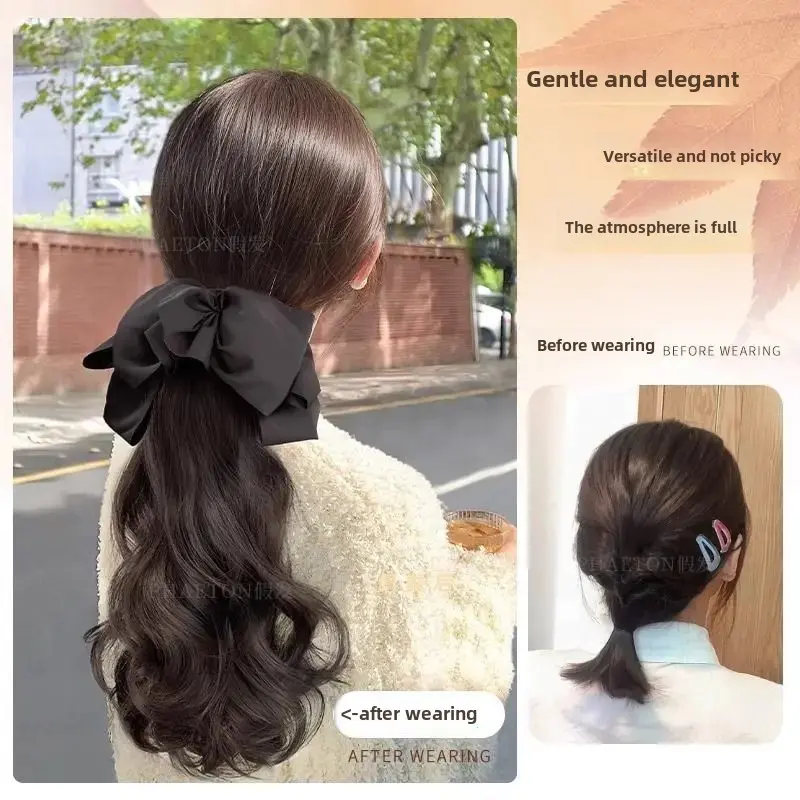 XuChang Women's Long Curl Wig with Hair Claw High Ponytail Fake Tail Sweet Butterfly Low Braided Ponytail Artificial Hair