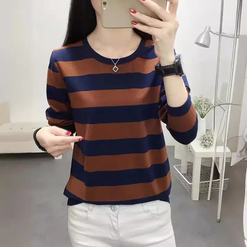 Plus Size Long Sleeve Striped T-Shirt Women's Loose-Fit Slimming Crew Neck Top For Spring Autumn