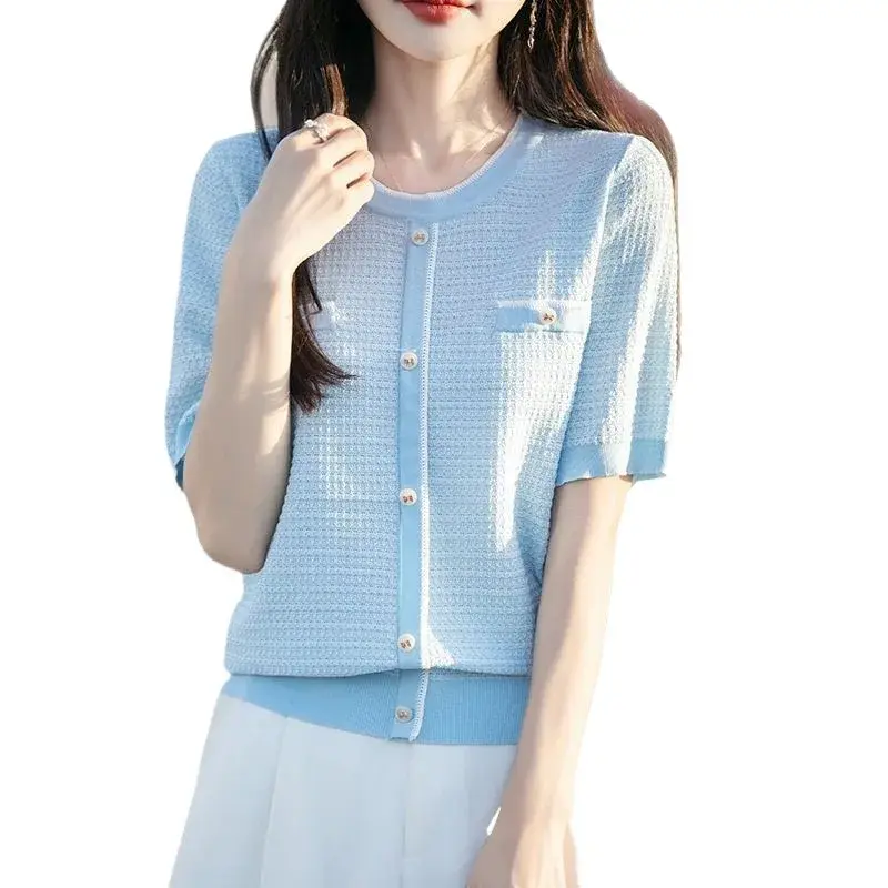 Slimming Effect Loose Knitted Short Sleeve Base Shirt Small Fragrance Style Summer New Korean Version Regular Shoulder T-shirt