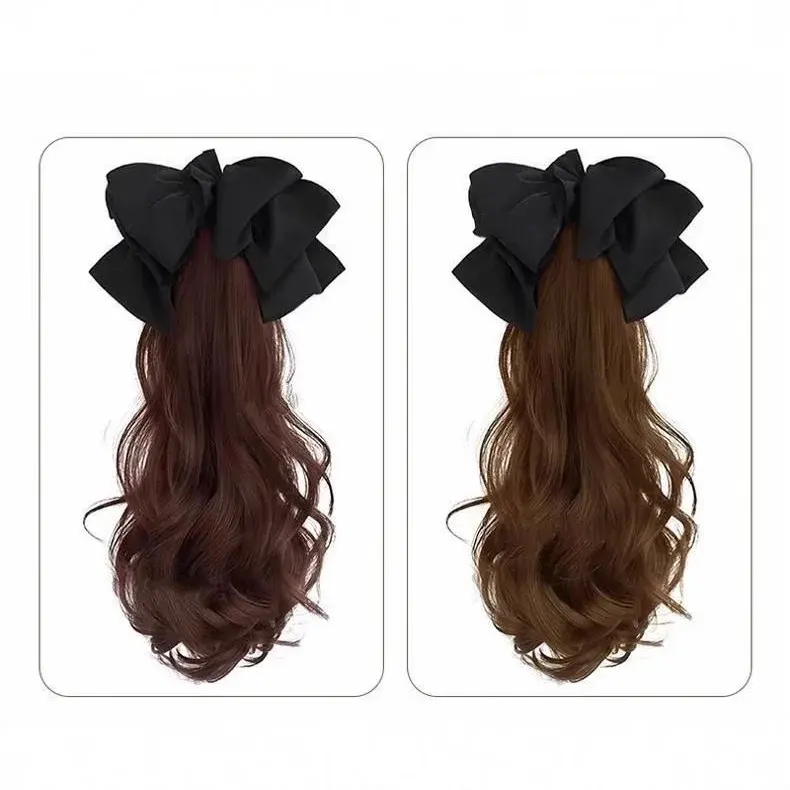 XuChang Women's Long Curl Wig with Hair Claw High Ponytail Fake Tail Sweet Butterfly Low Braided Ponytail Artificial Hair