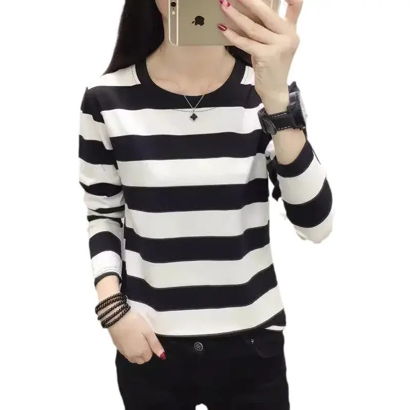 Plus Size Long Sleeve Striped T-Shirt Women's Loose-Fit Slimming Crew Neck Top For Spring Autumn