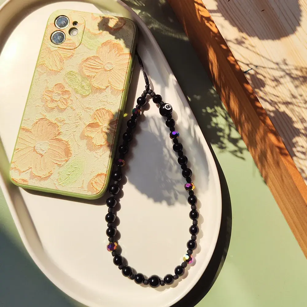 Kkbead Black Crystal Beaded Phone Case Women's Factory Wholesale Ins Style Number 8 Table Tennis Ball Pendant Mobile Phone Chain
