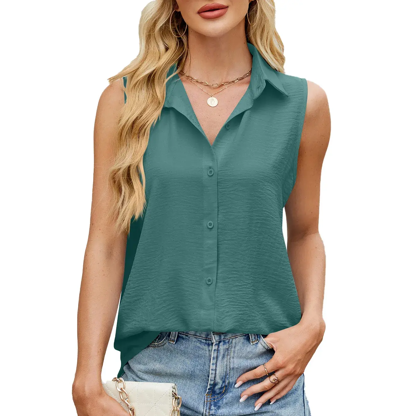 Spring Summer New Style Pure Color Button Front Vest Chiffon Top Women's Fashionable And Stylish Clothing Polyester Fiber
