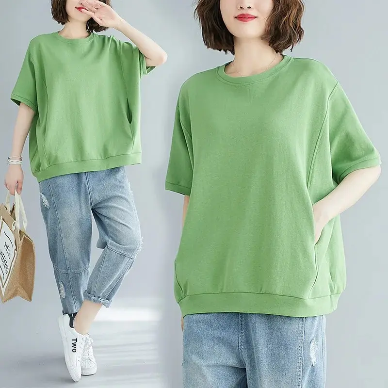 Plus Size Slimming T-Shirt Women's Loose Fit Summer Large Size Polyester Crew Neck Round Neck Short Sleeves Clothing