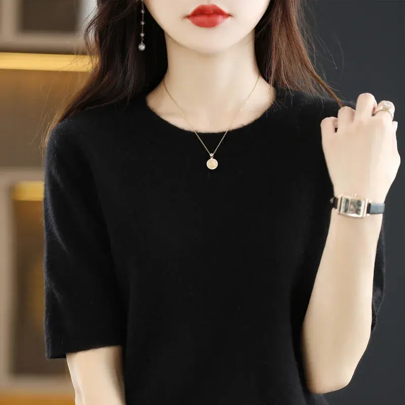 New Loose Knitted Short Sleeve T-Shirt Non Cashmere Innerwear Sweater Spring Summer Autumn Short Half Sleeve Top Women's Fashion