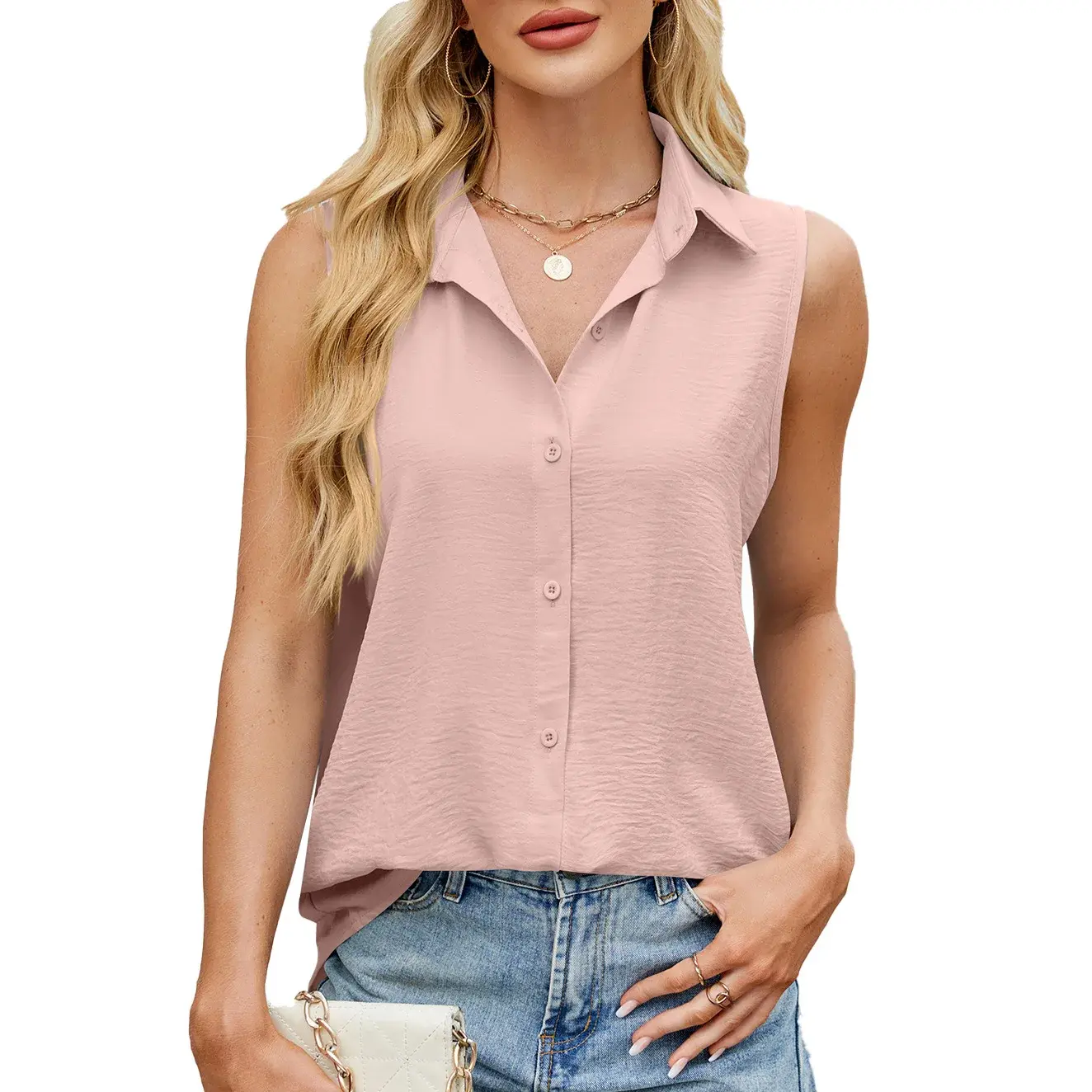 Spring Summer New Style Pure Color Button Front Vest Chiffon Top Women's Fashionable And Stylish Clothing Polyester Fiber