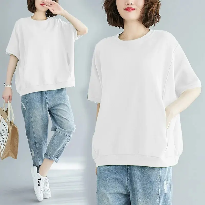 Plus Size Slimming T-Shirt Women's Loose Fit Summer Large Size Polyester Crew Neck Round Neck Short Sleeves Clothing
