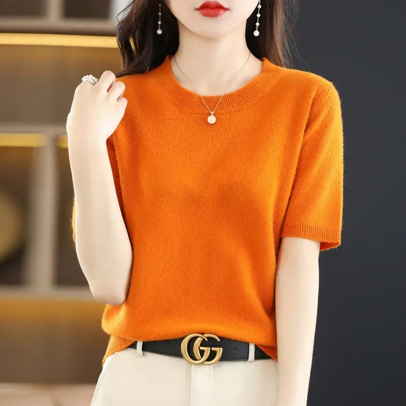 New Loose Knitted Short Sleeve T-Shirt Non Cashmere Innerwear Sweater Spring Summer Autumn Short Half Sleeve Top Women's Fashion