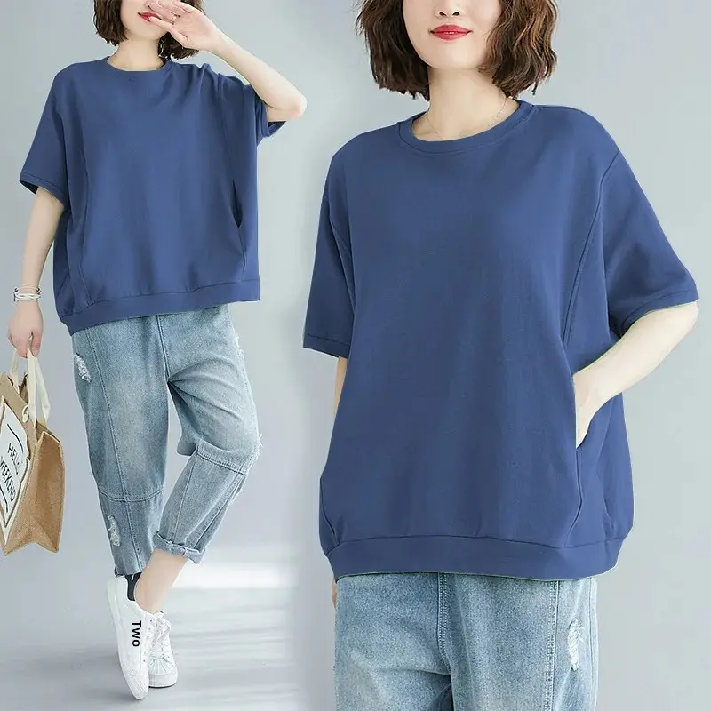 Plus Size Slimming T-Shirt Women's Loose Fit Summer Large Size Polyester Crew Neck Round Neck Short Sleeves Clothing