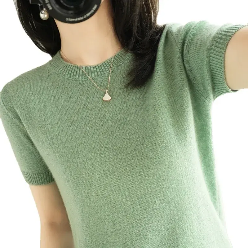 New Loose Knitted Short Sleeve T-Shirt Non Cashmere Innerwear Sweater Spring Summer Autumn Short Half Sleeve Top Women's Fashion