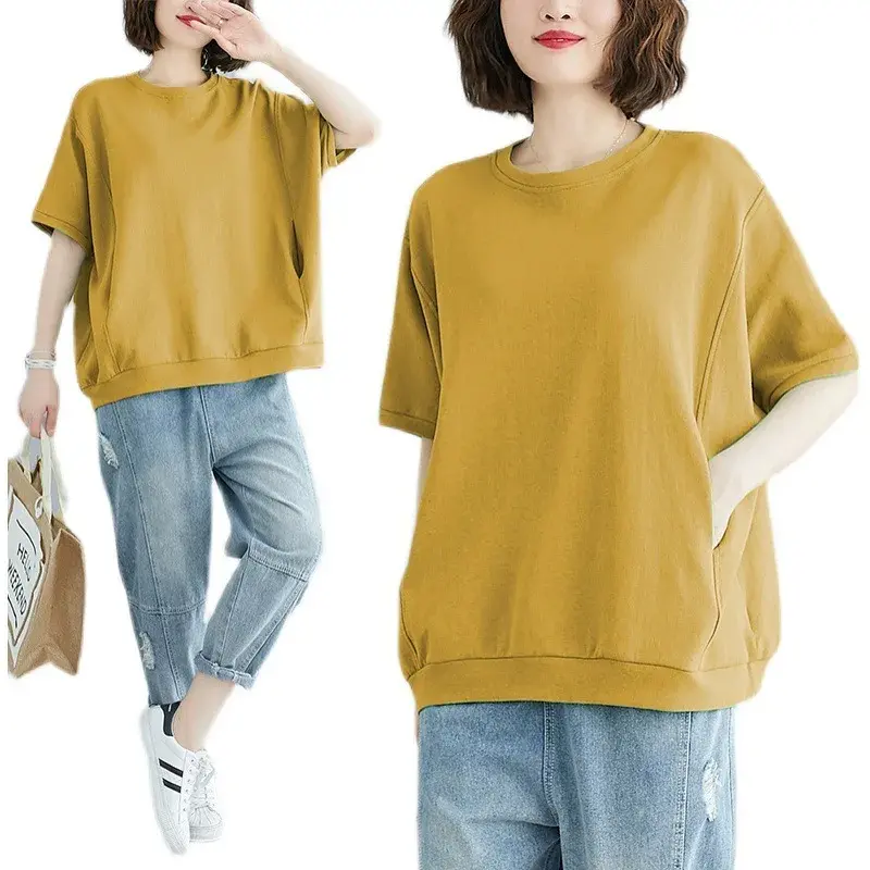 Plus Size Slimming T-Shirt Women's Loose Fit Summer Large Size Polyester Crew Neck Round Neck Short Sleeves Clothing