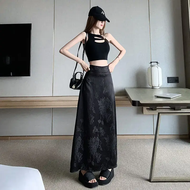 Elegant Medium-length High-waisted Slimming A- line Skirt For Women New Chinese Style Satin Bodycon Skirt Spring Autumn Season