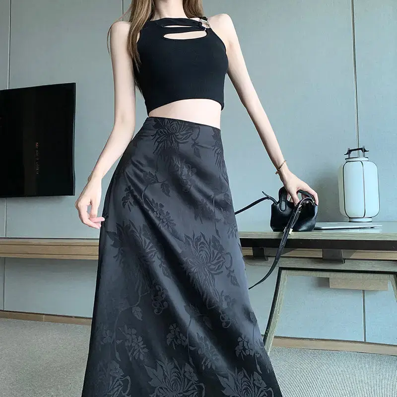 Elegant Medium-length High-waisted Slimming A- line Skirt For Women New Chinese Style Satin Bodycon Skirt Spring Autumn Season