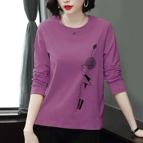 Pure Color Printed Long Sleeve T-Shirt Women's Spring Autumn New Large Size Fat MM Middle Age Outer Wear Top Base Shirt