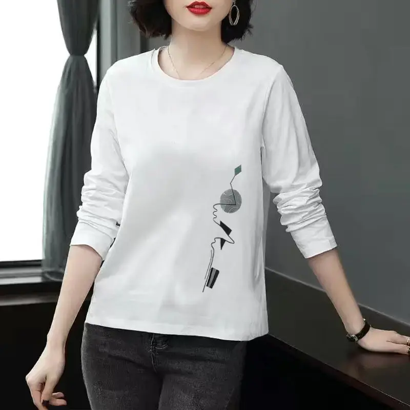 Pure Color Printed Long Sleeve T-Shirt Women's Spring Autumn New Large Size Fat MM Middle Age Outer Wear Top Base Shirt