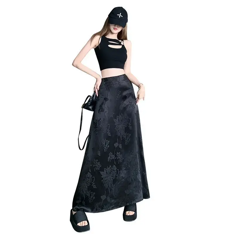 Elegant Medium-length High-waisted Slimming A- line Skirt For Women New Chinese Style Satin Bodycon Skirt Spring Autumn Season