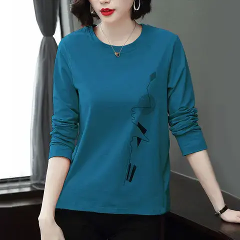Pure Color Printed Long Sleeve T-Shirt Women's Spring Autumn New Large Size Fat MM Middle Age Outer Wear Top Base Shirt