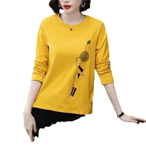 Pure Color Printed Long Sleeve T-Shirt Women's Spring Autumn New Large Size Fat MM Middle Age Outer Wear Top Base Shirt