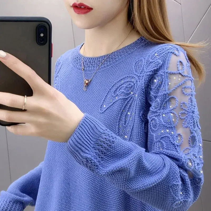 Spring Autumn 2024 New Knitted Top Women's Loose-Fit Slimming Hollow Base Layer Pullover Stylish Age-Reducing Top