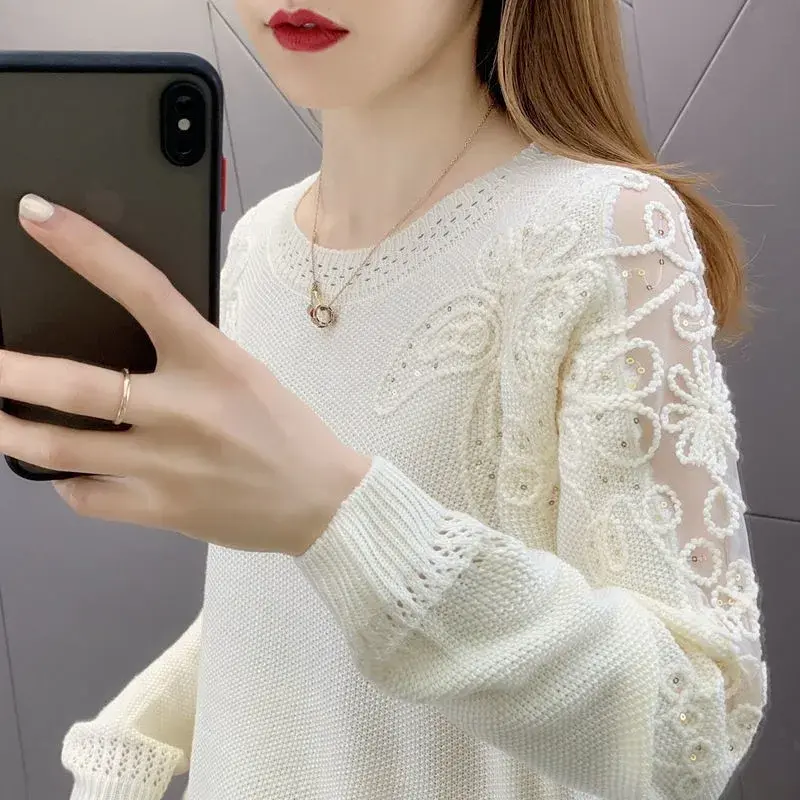 Spring Autumn 2024 New Knitted Top Women's Loose-Fit Slimming Hollow Base Layer Pullover Stylish Age-Reducing Top