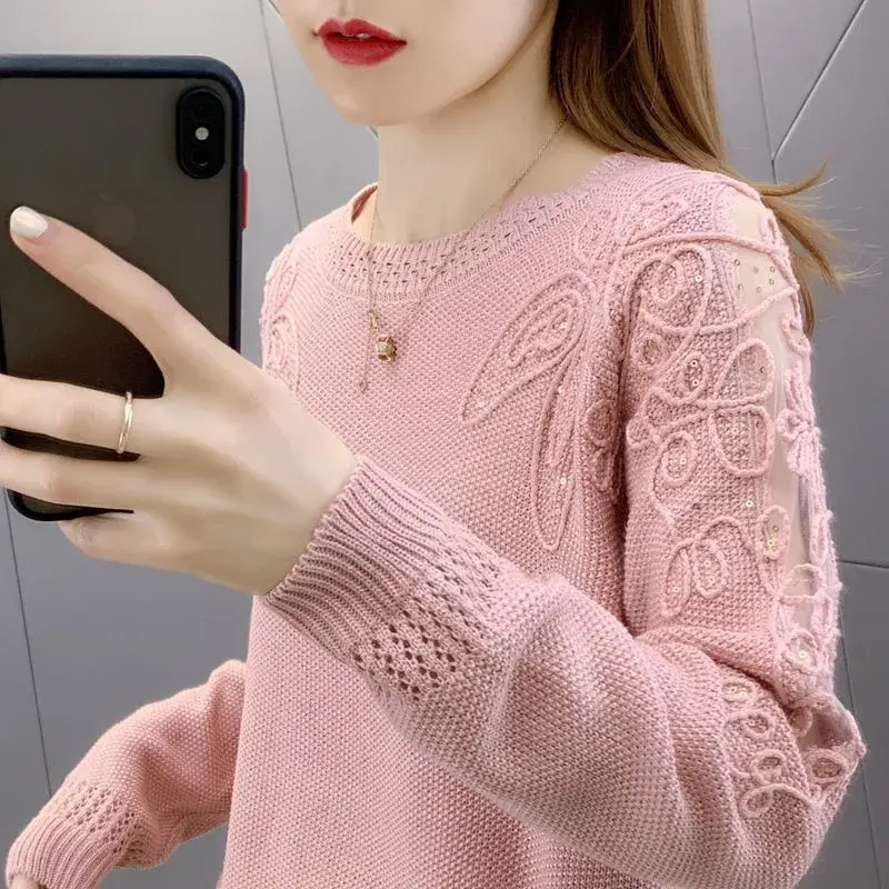 Spring Autumn 2024 New Knitted Top Women's Loose-Fit Slimming Hollow Base Layer Pullover Stylish Age-Reducing Top