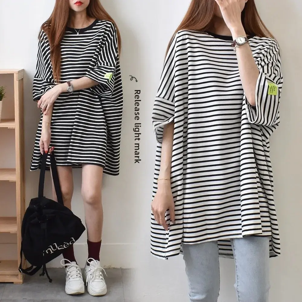 Loose Long Sleeve Women's T-shirt Summer New Style Student Dopaamine Short Sleeve plus Size Female Top Polyester Fiber Crew Neck