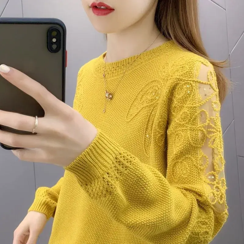 Spring Autumn 2024 New Knitted Top Women's Loose-Fit Slimming Hollow Base Layer Pullover Stylish Age-Reducing Top
