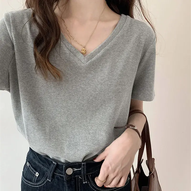 Loose Short Sleeve V-Neck T-Shirt Women's Grey Base Shirt Design Sense Versatile Trendy Korean Style Polyester Fiber