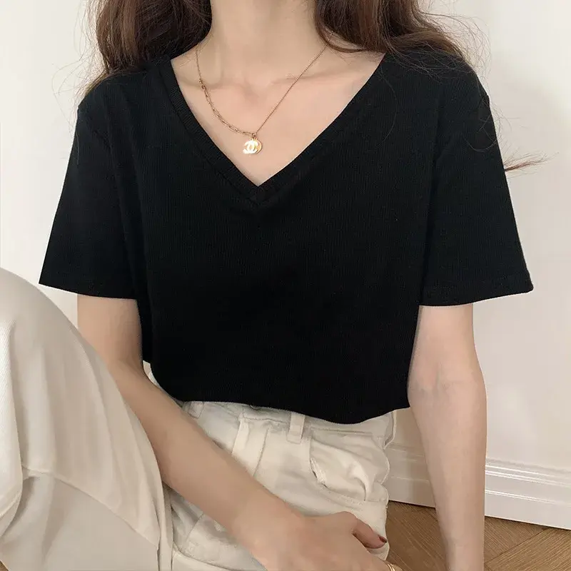 Loose Short Sleeve V-Neck T-Shirt Women's Grey Base Shirt Design Sense Versatile Trendy Korean Style Polyester Fiber
