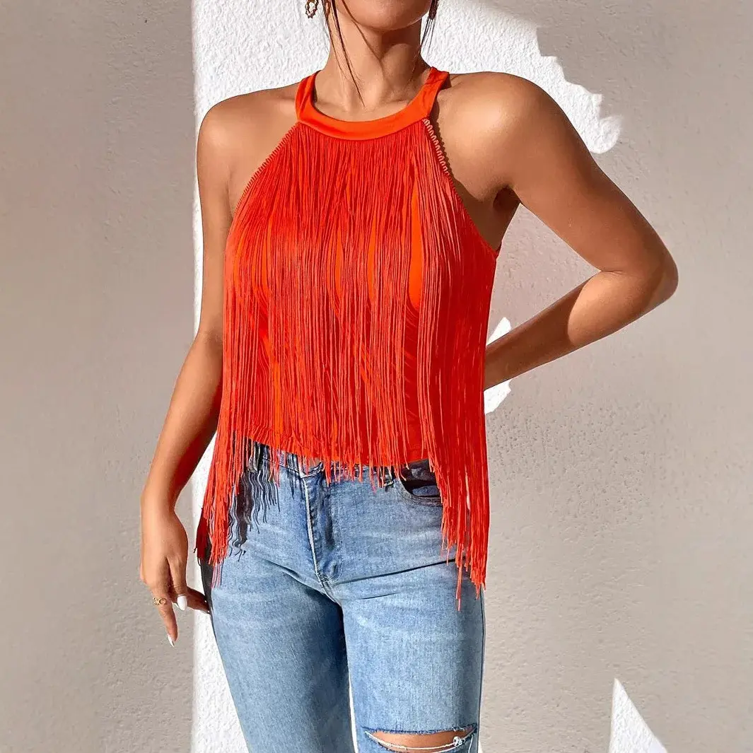 Fashionable Beaded Beach Swimwear Tank Top Women's Sleeveless Neck Hanging Pure Color Cross-Border Summer Clothing