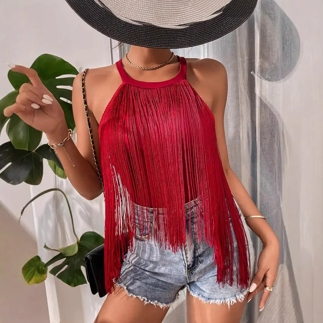 Fashionable Beaded Beach Swimwear Tank Top Women's Sleeveless Neck Hanging Pure Color Cross-Border Summer Clothing
