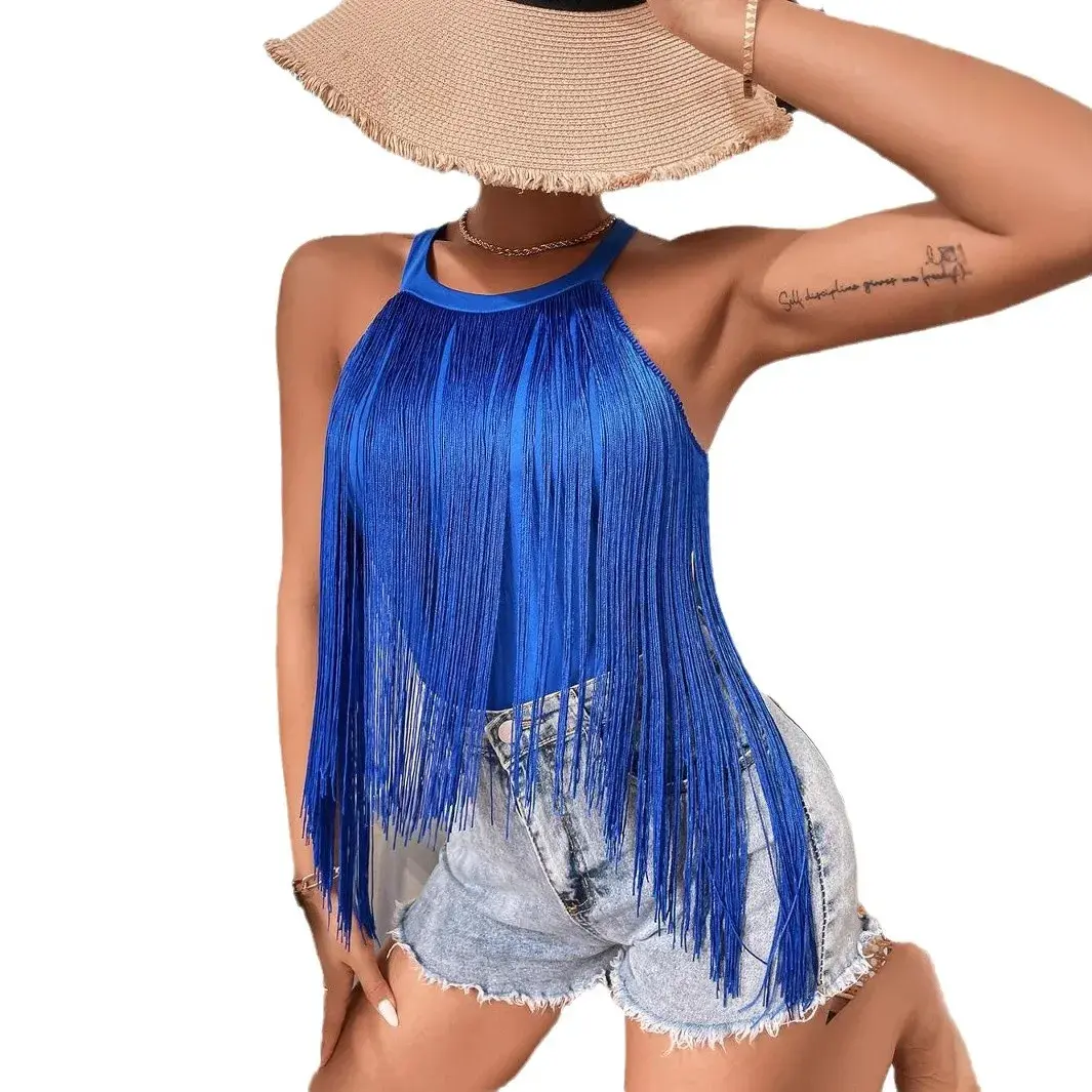 Fashionable Beaded Beach Swimwear Tank Top Women's Sleeveless Neck Hanging Pure Color Cross-Border Summer Clothing