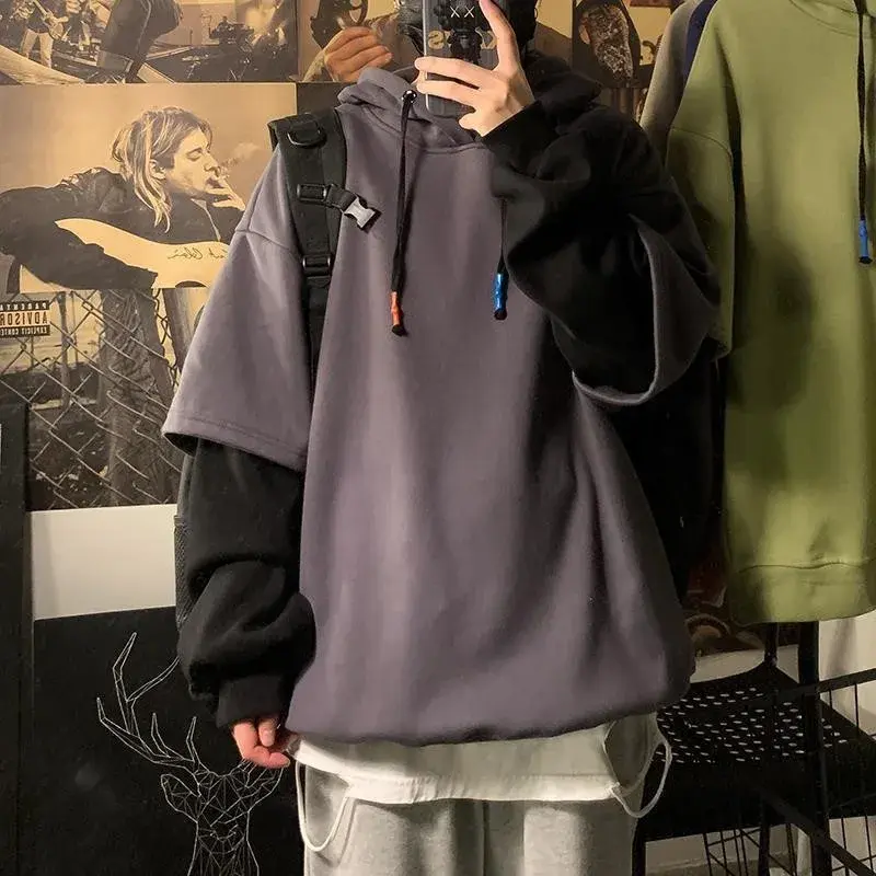Two-piece Illusion Sweatshirt Men's Hooded Autumn/winter Trendy Brand Ins Hip Hop Top Oversize Niche High Street Jacket